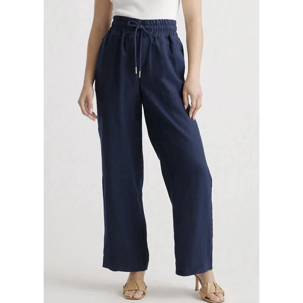 Quince 100% European Linen Blue Pull-On  Wide Leg Pant Women Sz M Coastal EUC